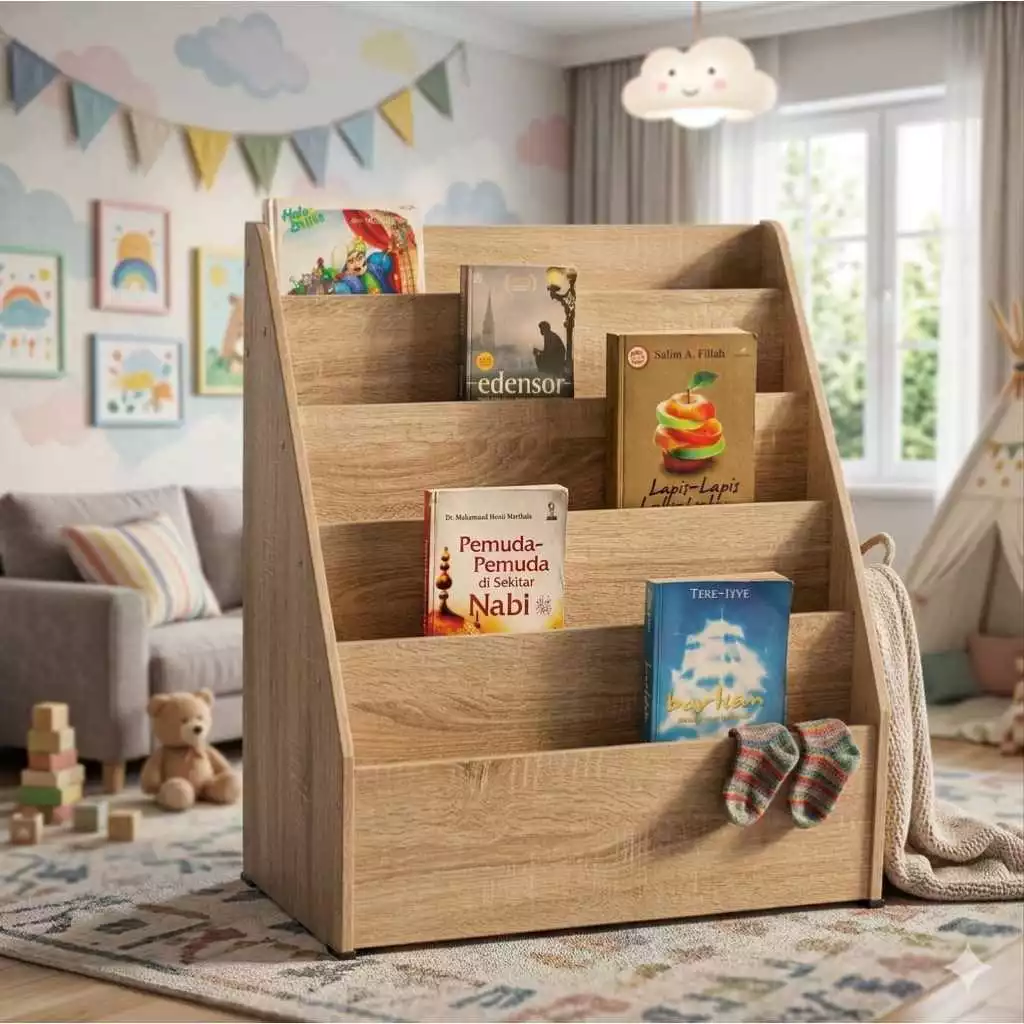 Rak Buku Anak Montessori Kayu Minimalis 5 Susun Tingkat Serbaguna - Image 2